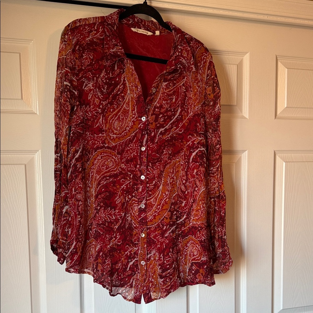 Soft Surroundings Red and Orange Paisley Button Down Shirt